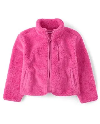 Girls Sherpa Zip Up Jacket - pink summer