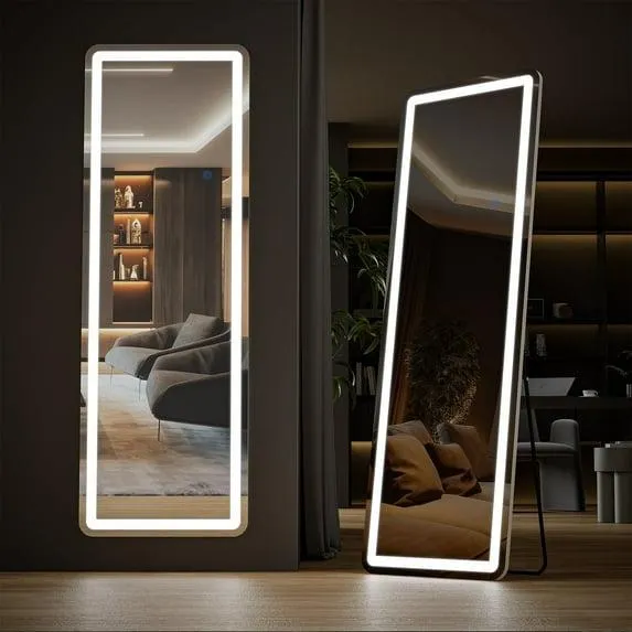 CONCETTA 60"x16" LED Full Length Mirror with Aluminum Frame and Polished Glass for Bedroom, 3 Color Lighting