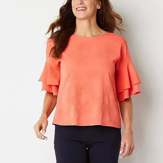 Liz Claiborne Womens Round Neck Elbow Sleeve Blouse