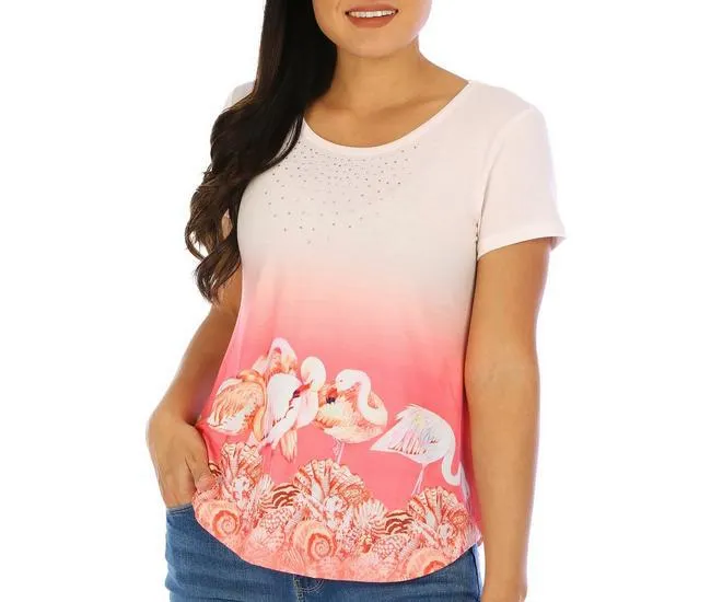 Womens Embellished Flamingo Short Sleeve Crew Top