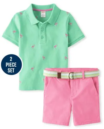 Boys Embroidered Flamingo 2-Piece Outfit Set - Seaside Palms - multi clr