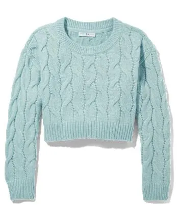 Tween Girls Cable Knit Cropped Sweater - caspian blue
