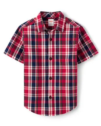 Boys Plaid Poplin Button Up Shirt - Classroom Cutie - royal red