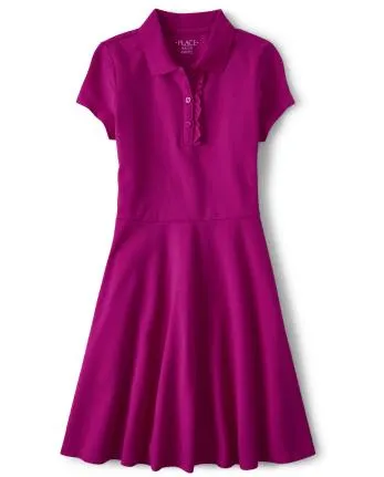 Girls Uniform Ruffle Pique Polo Dress - aurora pink