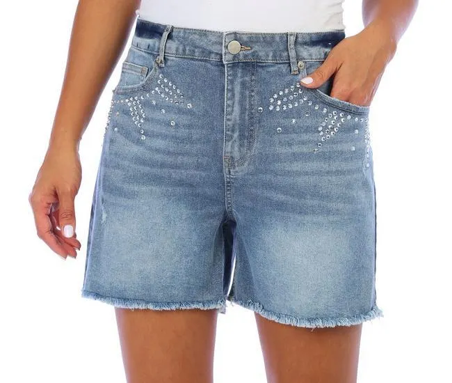 Womens Embellished Pocket Denim Shorts