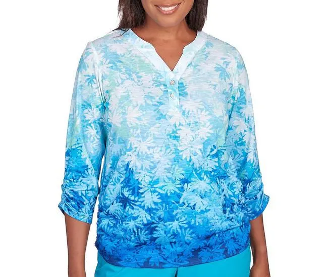 Womens Ombre Leaves Buttoned Split Neck Top