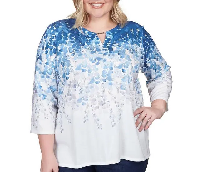 Plus Cascading Leaves Split Neck Top