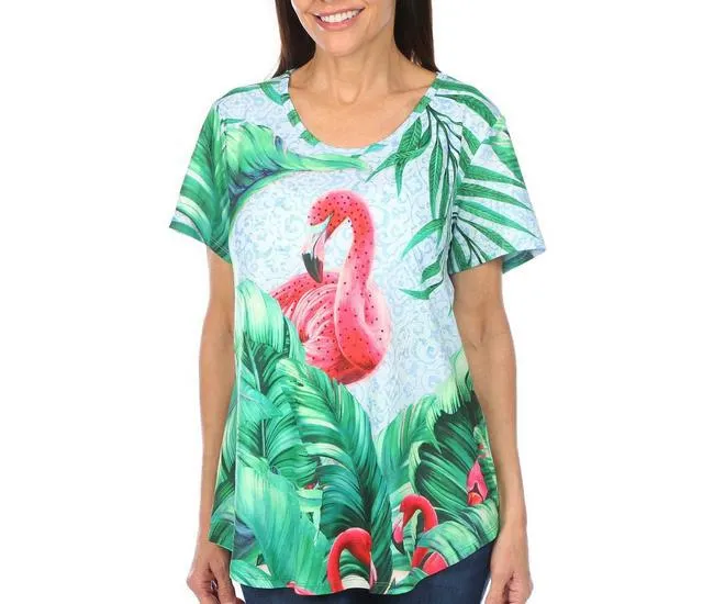 Womens Flamingo Print Short Sleeve Top
