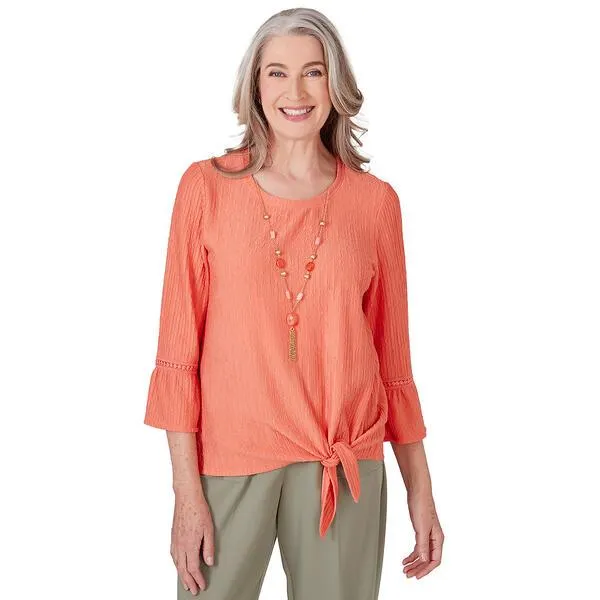 Womens Alfred Dunner Tuscan Sunset Solid Texture Tie Hem Blouse