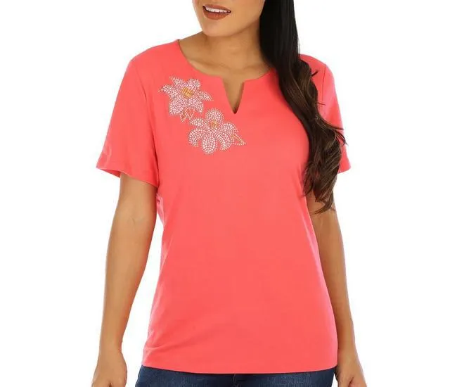 Womens Floral Embellished Short Sleeve Top