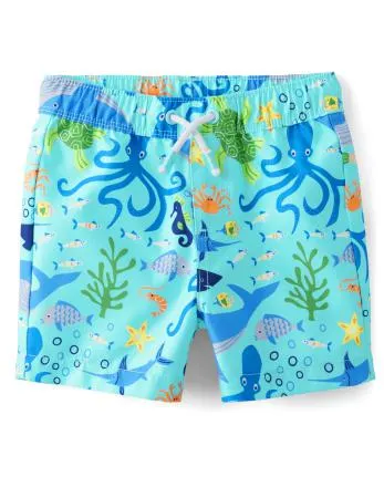 Boys Sea Life Swim Trunks - Splish-Splash - time for teal