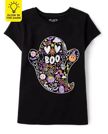 Girls Glow Ghost Boo Graphic Tee - black