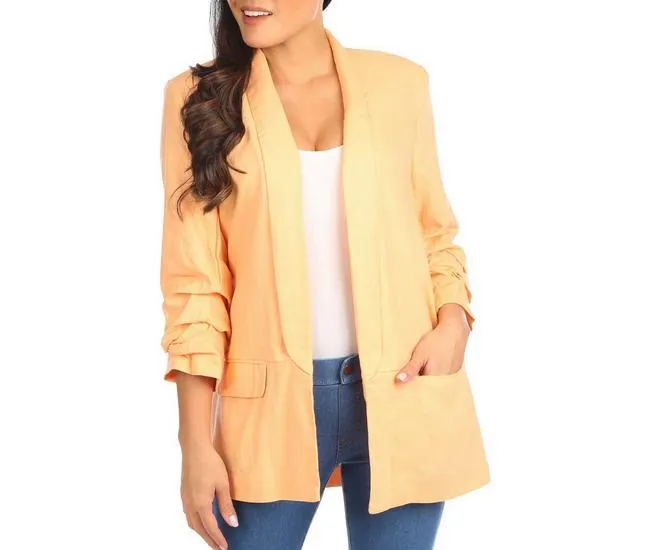 Womens 3/4 Ruched Sleeve Solid Crepe Blazer
