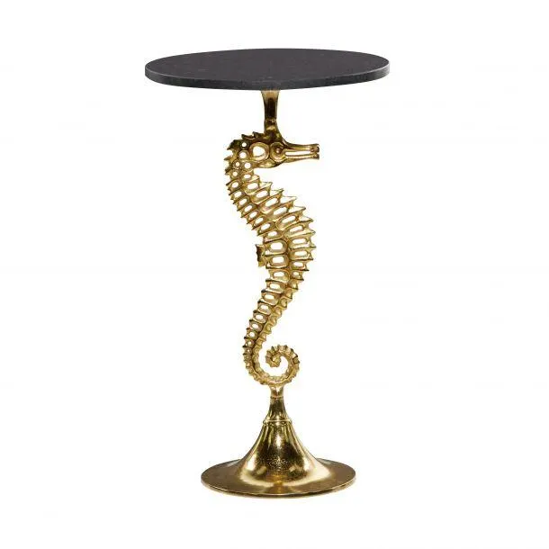 Coastal 28" Round Accent Table with Seahorse and Marble Table Top by Marisol + Daisy - Gold/Black