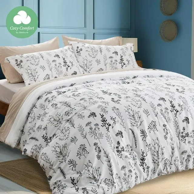 Cozy Comfort 3 Pieces Comforter Sets, 1 Soft Reversible Botanical Flowers Comforter and 2 Pillow Shams, White, Twin Size