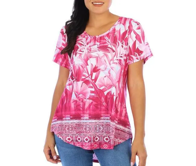Womens Floral Print Embellished Short Sleeve Top
