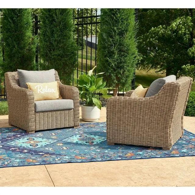 Better Homes & Gardens Bellamy 2-Pack Outdoor Wicker Club Lounge Chairs Gray Cushions with Patio Cover