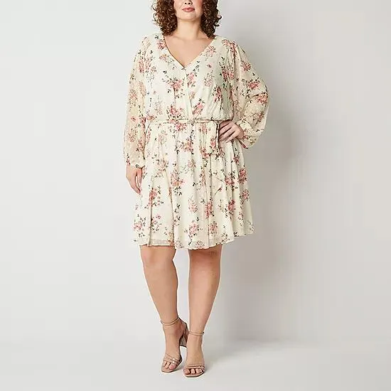 Premier Amour Plus Floral Clip-Dot Long Sleeve Fit + Flare Dress