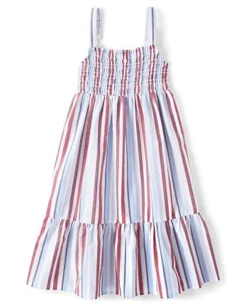 Girls Striped Poplin Midi Tiered Dress - rapids