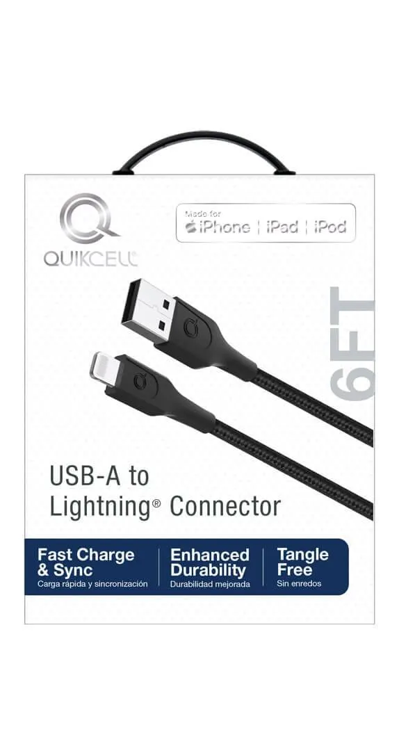 CABLE DE CARGA Y SINCRONIZACIÓN Lightning MFi Quikcell para USB-A- de 6ft - Negro