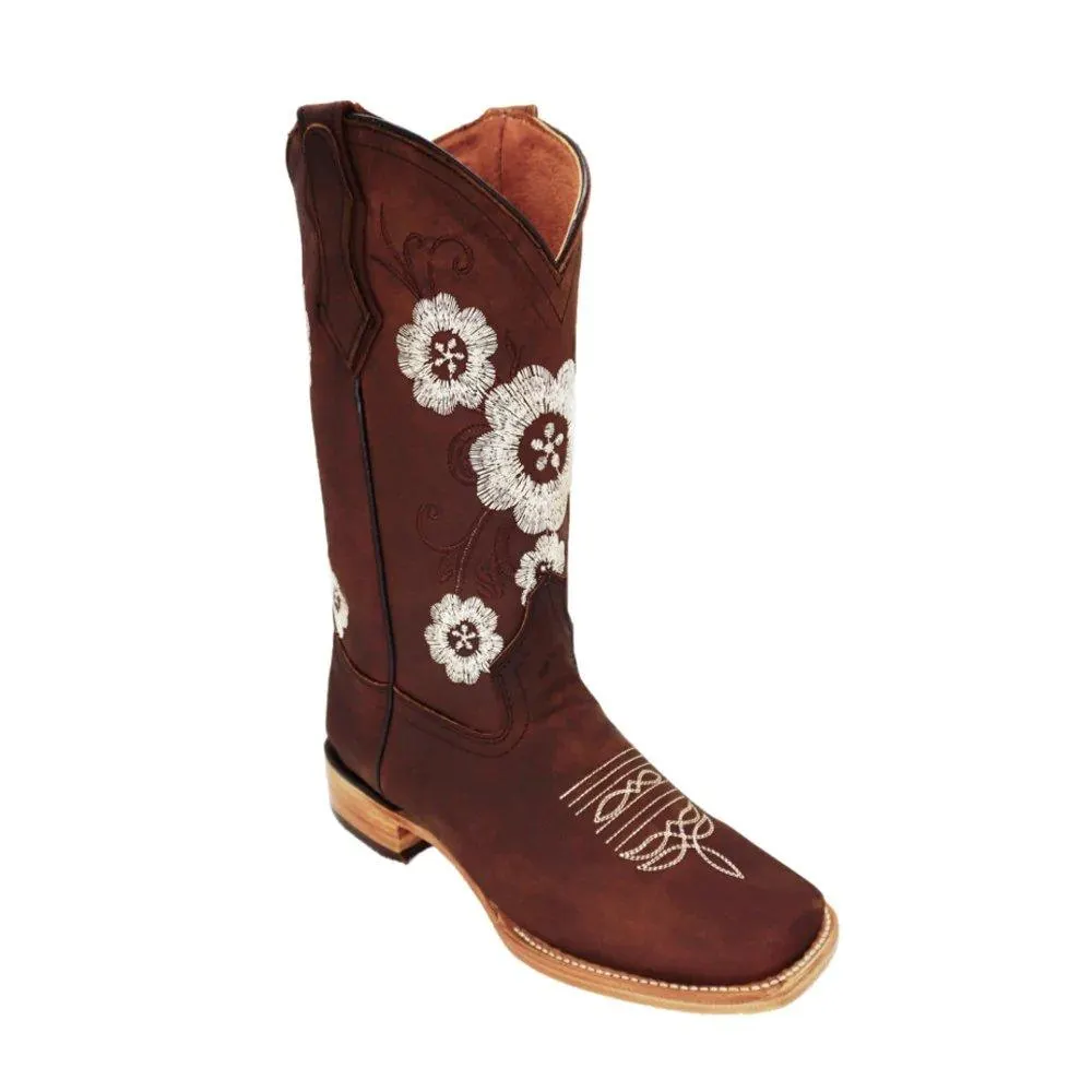 Botas de Cuero Crazy para Dama Color Caoba con Flores Blancas LC-704