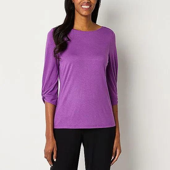 Liz Claiborne Twist Sleeve Womens Round Neck 3/4 Sleeve Blouse
