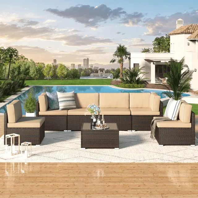 YODOLLA 7 Pc Outdoor Patio Sectional Set, Beige and Black PE Rattan with Table