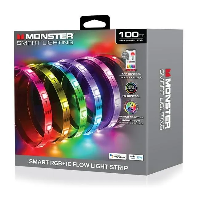Monster Smart 100ft Indoor Multi-Color Flow LED Light Strip, Sound Reactive, Razer, Corded Electric