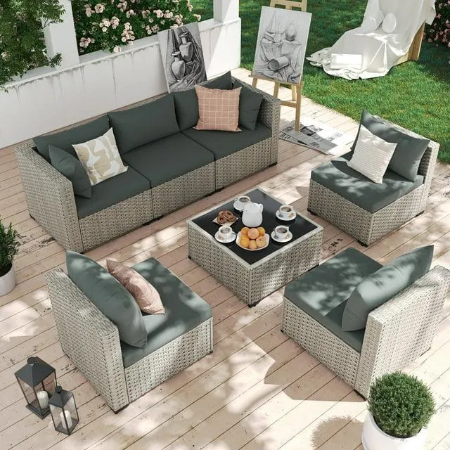 ECOPATIO 7 Pieces Patio Conversation Set, Outdoor Sectional PE Rattan Wicker Furniture Seat,Dark Gray
