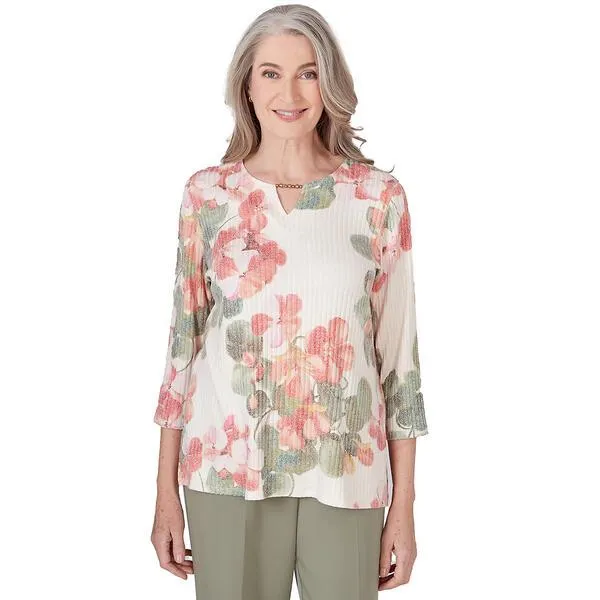 Womens Alfred Dunner Tuscan Sunset Placed Floral Texture Blouse