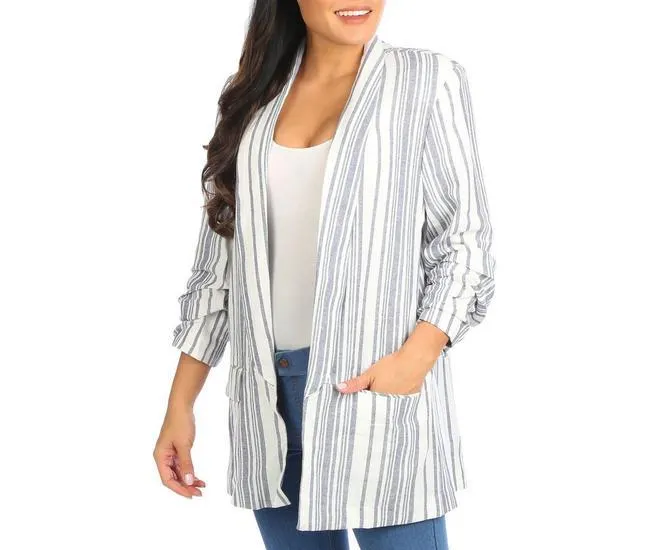 Womens 3/4 Ruched Sleeve Stripes Crepe Blazer