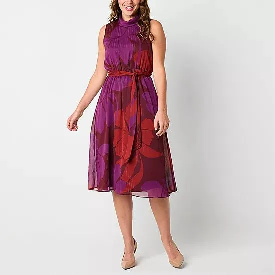 Liz Claiborne Womens Sleeveless Floral Midi Blouson Dress
