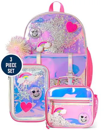 Girls Holographic Shakey Happy Face Backpack 3-Piece Set - holographic