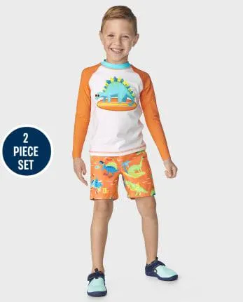 Boys Embroidered Dino Swimsuit - Splish-Splash - sun glow