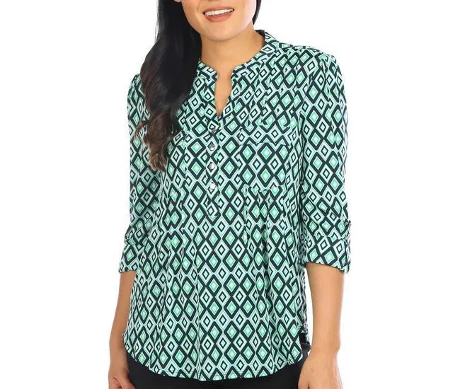 Womens Print 3/4 Sleeve Pleated Henley Top