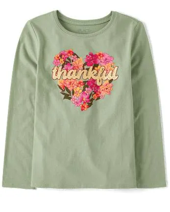 Girls Thankful Heart Graphic Tee - soft fern