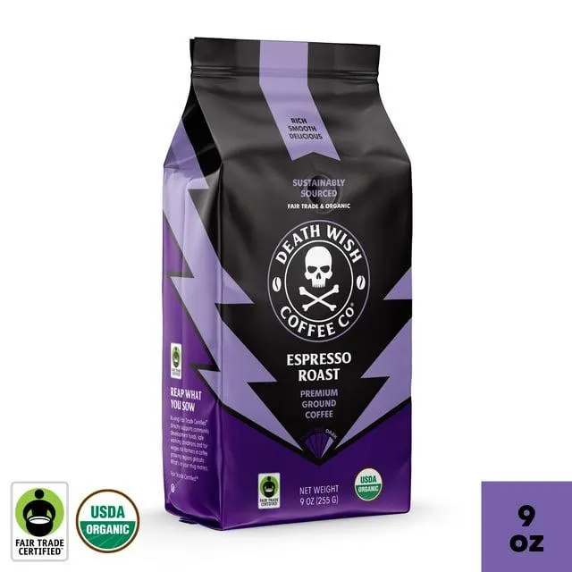 Death Wish Coffee, Organic and Fair Trade, Espresso Roast, Ground Coffee, 9oz