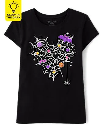 Girls Glow Spiderweb Heart Graphic Tee - black