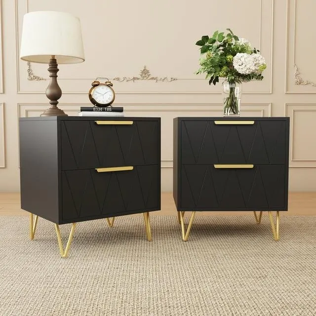 Behost Black Nightstand for Bedroom,Modern 2 Drawer Nightstand Bedside Table with Storage,2 Pack