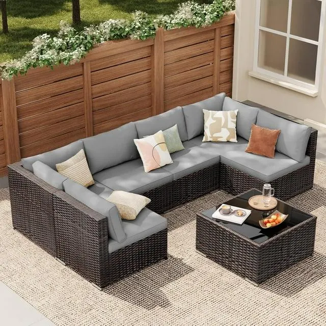 Patio Furniture Set, Lofka 7-Piece Outdoor Sectional Furniture Set with Glass Coffee Table Garden, Gray