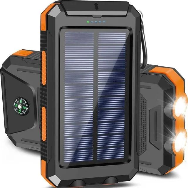 20000mAh Solar Charger for Cell Phone IPhone, Portable Solar Power Bank with Dual 5V USB Ports, 2 LED Light Flashlight, Compass Battery Pack for Outdoor Camping Hiking(Orange)
