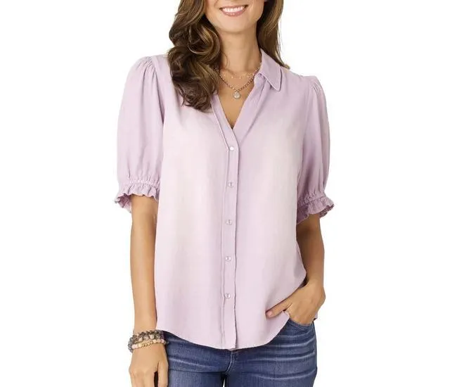 Womens Blouson Short Sleeve Front Snap Shirt