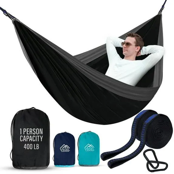 Vigel Camping Hammock, Durable, Hold up to 400lb, Black & Gray, Outdoor Hammock, Made of Nylon