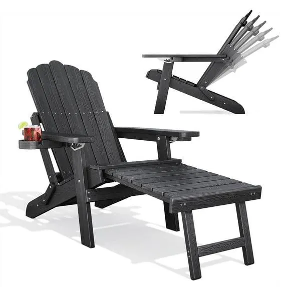 Noelse Patio Bistro Set, Folding Adjustable Adirondack Chair with Retractable Ottoman, Cup Holders, All-Weather HDPE, Ideal for Patio, Porch, Balcony (Black)