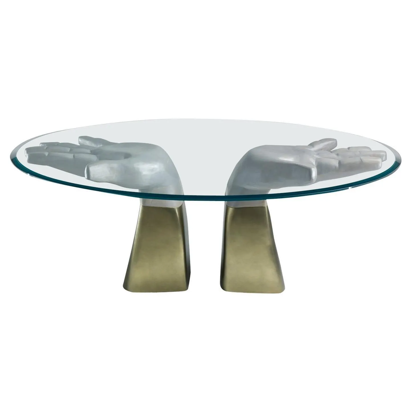¡PREGO! Mesa de Comedor Tallada en Oro compuesta por dos Manos de Madera y Tapa de Cristal