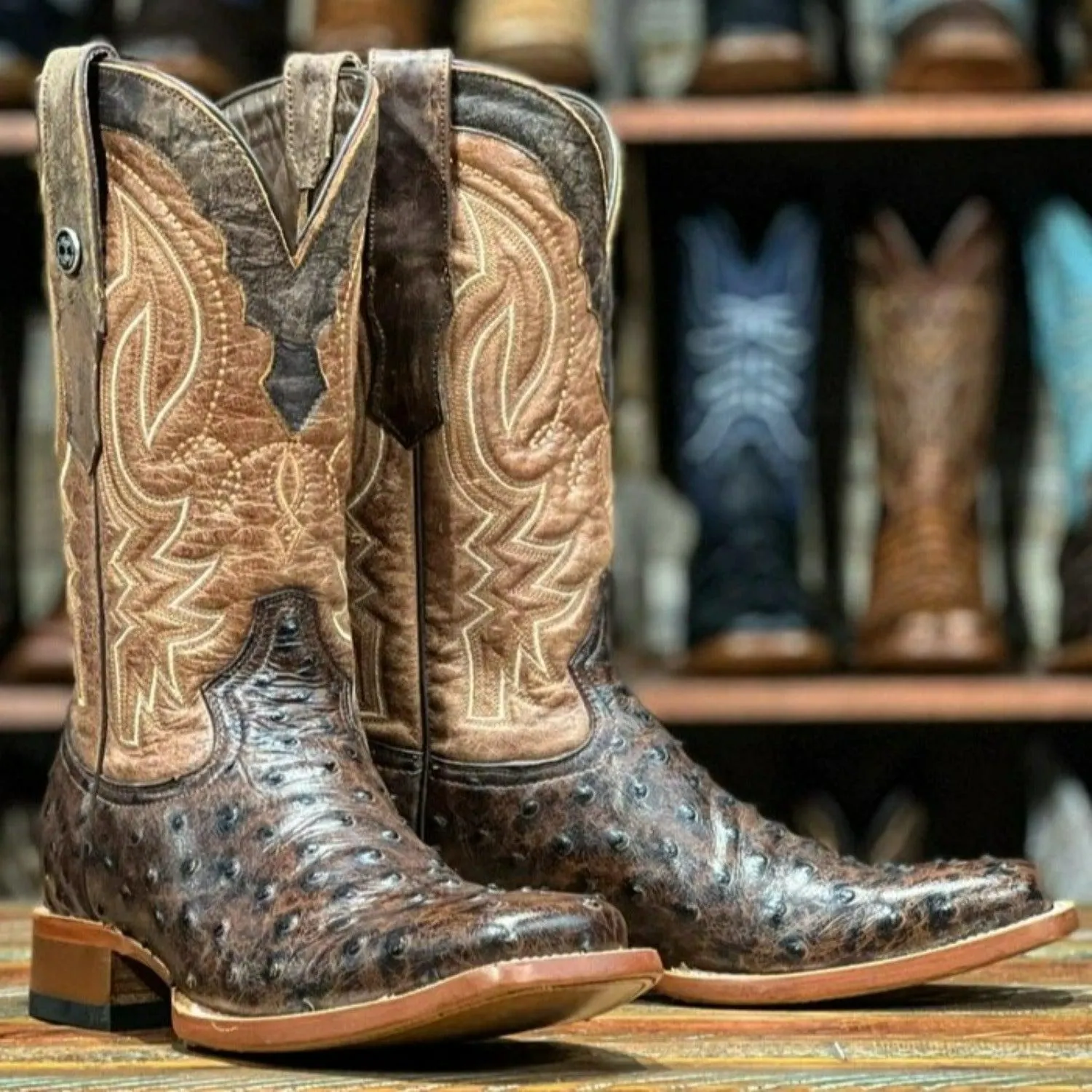 Tanner Mark Men's Big Cabin Print Ostrich Square Toe Boots Chocolate TM205525