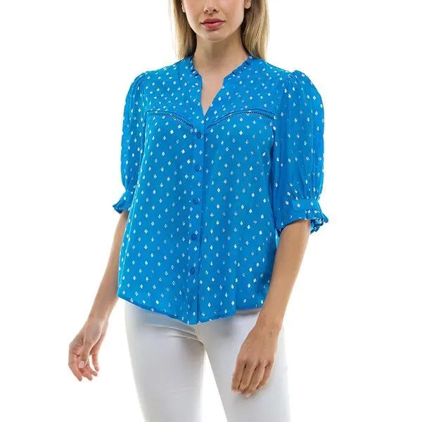 Womens Zac & Rachel Elbow Sleeve Lurex Diamond Button Down Blouse