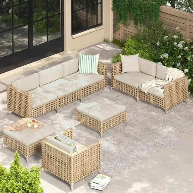 AECOJOY 8-Piece Patio Furniture Set, Boho Style Rattan Wicker Sectional Sofa Couch Outdoor Conversation Set with Table In Beige