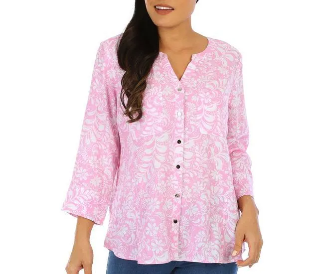 Womens Print Button Down 3/4 Sleeve Top