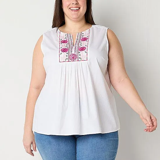 St. John's Bay Plus Womens Split Crew Neck Sleeveless Embroidered Blouse